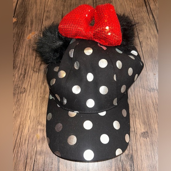 Disney Women’s Minnie Mouse Polka Dot Pom Pom Baseball Cap Adult Size Sequins - Picture 4 of 6